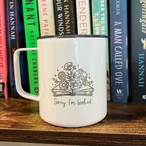 Engraved White Insulated Mug with Book Design